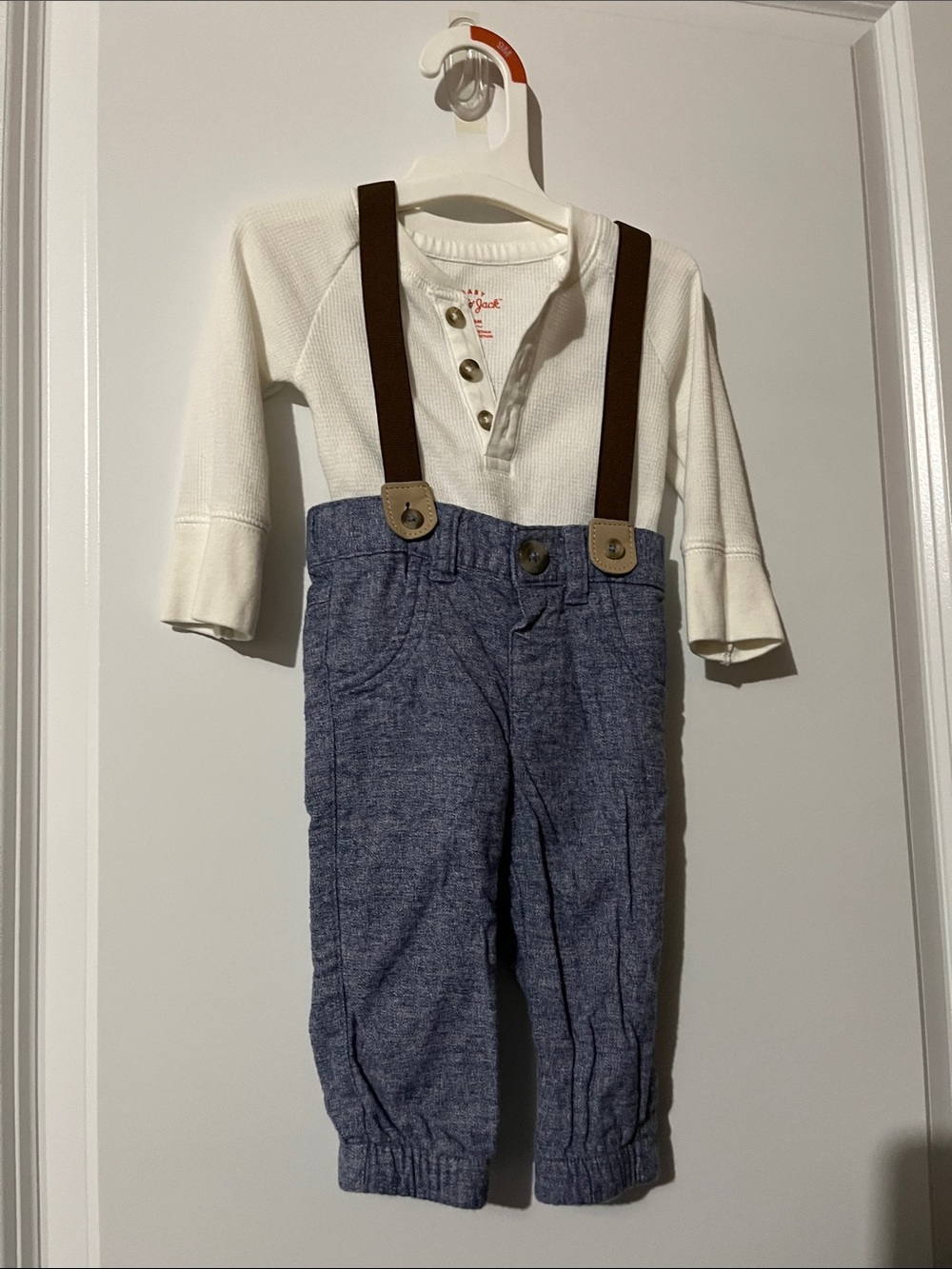 Cat & Jack Blue Knit Overalls with Brown Suspenders